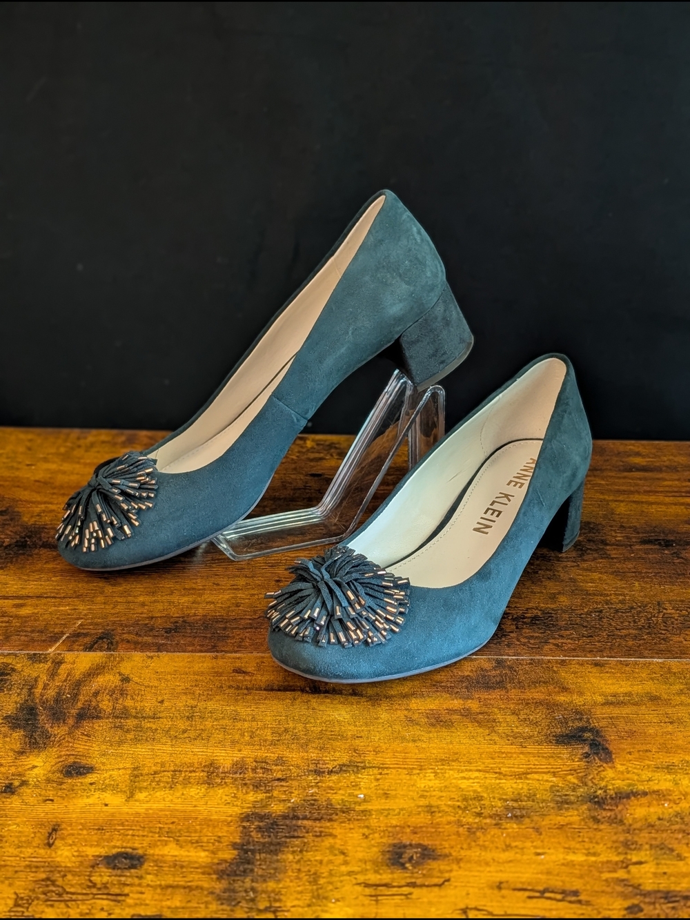 Anne Klein Happy Dark Teal Green Suede Pom Pom Block Heel Pumps 10.5M iFlex Work